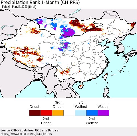 China, Mongolia and Taiwan Precipitation Rank since 1981, 1-Month (CHIRPS) Thematic Map For 2/6/2023 - 3/5/2023