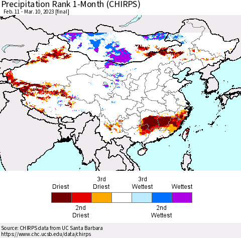 China, Mongolia and Taiwan Precipitation Rank since 1981, 1-Month (CHIRPS) Thematic Map For 2/11/2023 - 3/10/2023