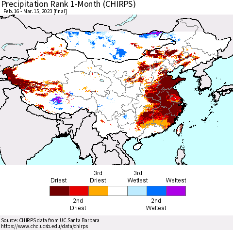 China, Mongolia and Taiwan Precipitation Rank since 1981, 1-Month (CHIRPS) Thematic Map For 2/16/2023 - 3/15/2023