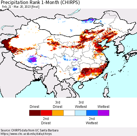 China, Mongolia and Taiwan Precipitation Rank since 1981, 1-Month (CHIRPS) Thematic Map For 2/21/2023 - 3/20/2023