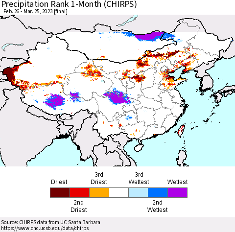 China, Mongolia and Taiwan Precipitation Rank since 1981, 1-Month (CHIRPS) Thematic Map For 2/26/2023 - 3/25/2023