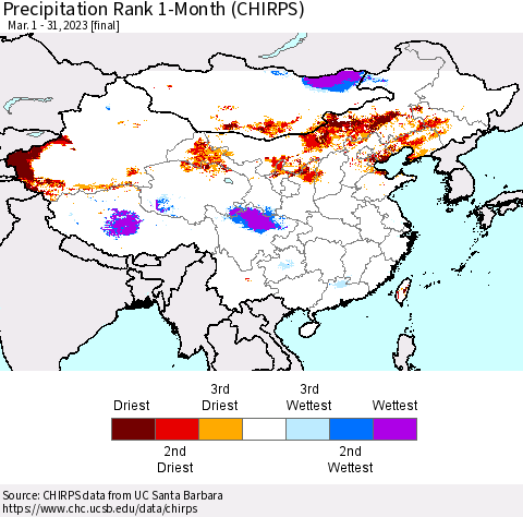 China, Mongolia and Taiwan Precipitation Rank since 1981, 1-Month (CHIRPS) Thematic Map For 3/1/2023 - 3/31/2023