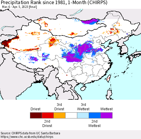 China, Mongolia and Taiwan Precipitation Rank since 1981, 1-Month (CHIRPS) Thematic Map For 3/6/2023 - 4/5/2023