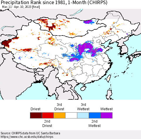 China, Mongolia and Taiwan Precipitation Rank since 1981, 1-Month (CHIRPS) Thematic Map For 3/11/2023 - 4/10/2023