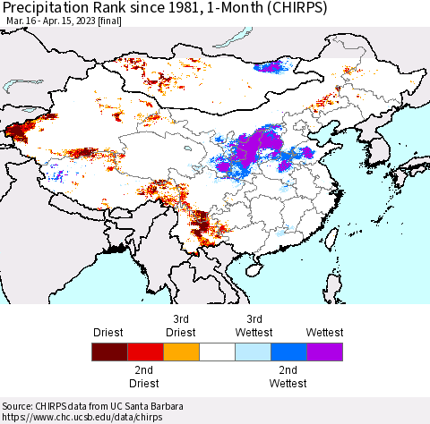 China, Mongolia and Taiwan Precipitation Rank since 1981, 1-Month (CHIRPS) Thematic Map For 3/16/2023 - 4/15/2023
