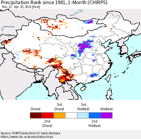 China, Mongolia and Taiwan Precipitation Rank since 1981, 1-Month (CHIRPS) Thematic Map For 3/21/2023 - 4/20/2023
