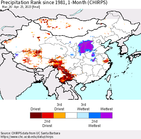 China, Mongolia and Taiwan Precipitation Rank since 1981, 1-Month (CHIRPS) Thematic Map For 3/26/2023 - 4/25/2023