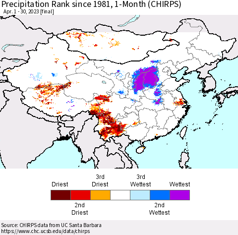 China, Mongolia and Taiwan Precipitation Rank since 1981, 1-Month (CHIRPS) Thematic Map For 4/1/2023 - 4/30/2023