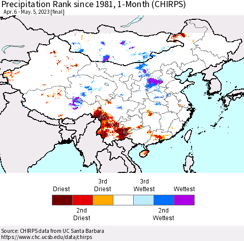 China, Mongolia and Taiwan Precipitation Rank since 1981, 1-Month (CHIRPS) Thematic Map For 4/6/2023 - 5/5/2023