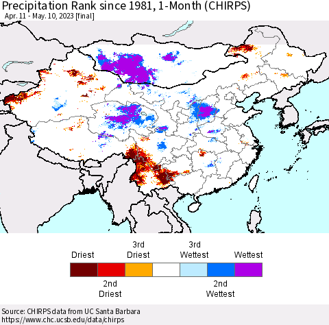 China, Mongolia and Taiwan Precipitation Rank since 1981, 1-Month (CHIRPS) Thematic Map For 4/11/2023 - 5/10/2023