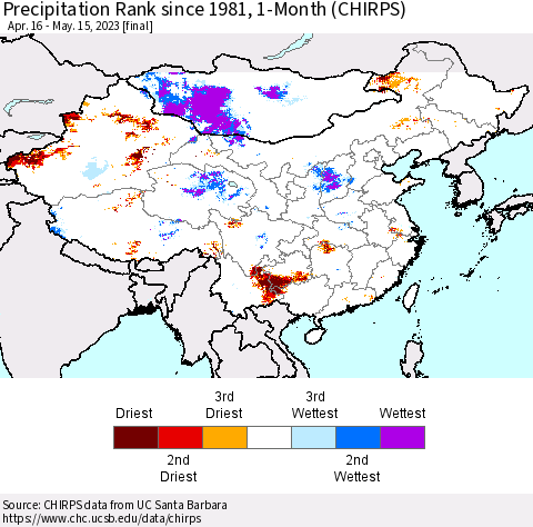China, Mongolia and Taiwan Precipitation Rank since 1981, 1-Month (CHIRPS) Thematic Map For 4/16/2023 - 5/15/2023