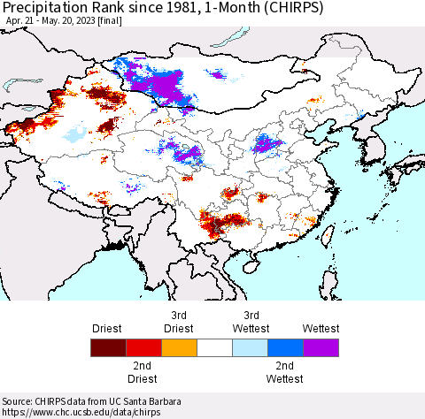 China, Mongolia and Taiwan Precipitation Rank since 1981, 1-Month (CHIRPS) Thematic Map For 4/21/2023 - 5/20/2023
