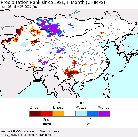 China, Mongolia and Taiwan Precipitation Rank since 1981, 1-Month (CHIRPS) Thematic Map For 4/26/2023 - 5/25/2023