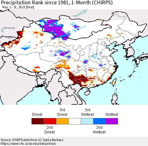 China, Mongolia and Taiwan Precipitation Rank since 1981, 1-Month (CHIRPS) Thematic Map For 5/1/2023 - 5/31/2023
