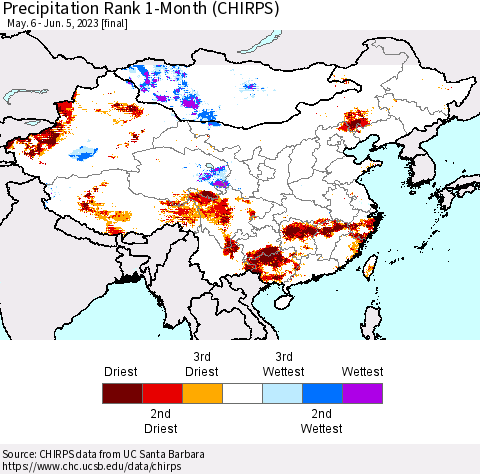 China, Mongolia and Taiwan Precipitation Rank since 1981, 1-Month (CHIRPS) Thematic Map For 5/6/2023 - 6/5/2023