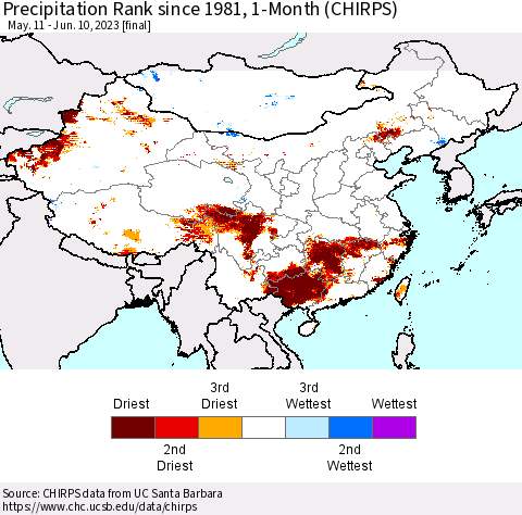 China, Mongolia and Taiwan Precipitation Rank since 1981, 1-Month (CHIRPS) Thematic Map For 5/11/2023 - 6/10/2023