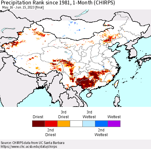China, Mongolia and Taiwan Precipitation Rank since 1981, 1-Month (CHIRPS) Thematic Map For 5/16/2023 - 6/15/2023