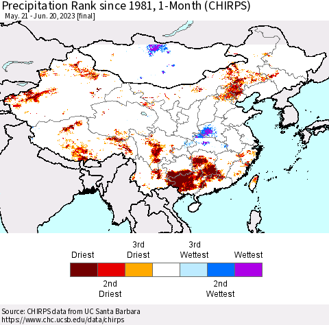 China, Mongolia and Taiwan Precipitation Rank since 1981, 1-Month (CHIRPS) Thematic Map For 5/21/2023 - 6/20/2023