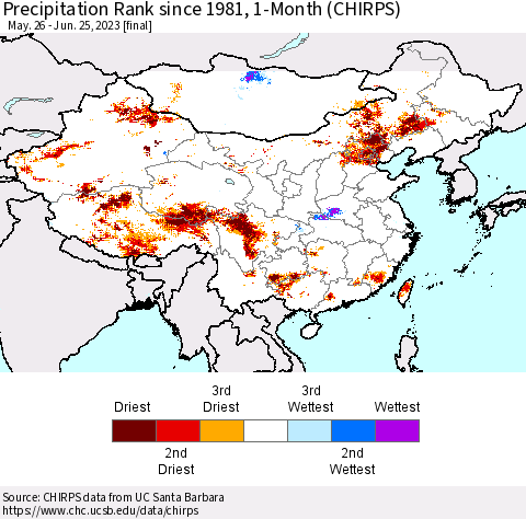 China, Mongolia and Taiwan Precipitation Rank since 1981, 1-Month (CHIRPS) Thematic Map For 5/26/2023 - 6/25/2023
