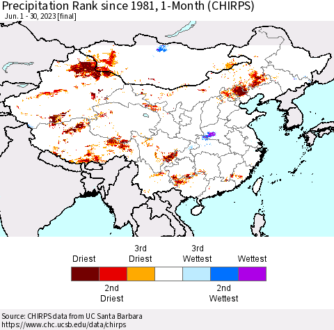 China, Mongolia and Taiwan Precipitation Rank since 1981, 1-Month (CHIRPS) Thematic Map For 6/1/2023 - 6/30/2023