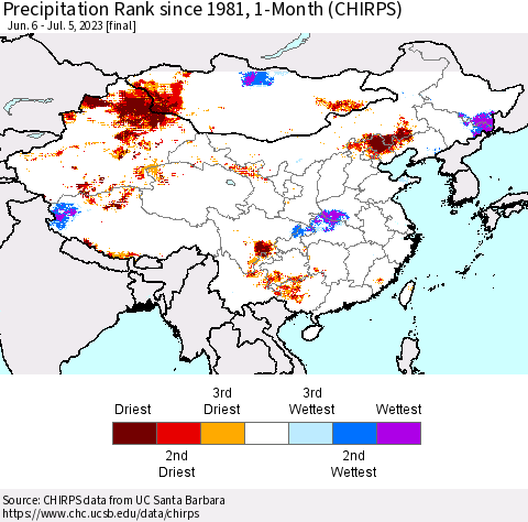 China, Mongolia and Taiwan Precipitation Rank since 1981, 1-Month (CHIRPS) Thematic Map For 6/6/2023 - 7/5/2023