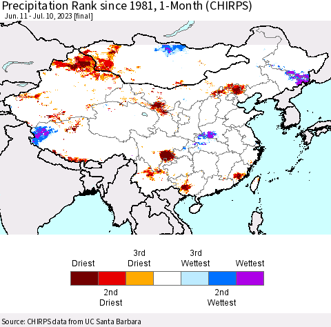 China, Mongolia and Taiwan Precipitation Rank since 1981, 1-Month (CHIRPS) Thematic Map For 6/11/2023 - 7/10/2023