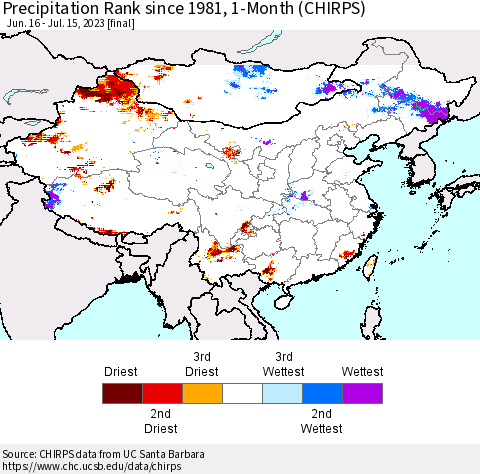 China, Mongolia and Taiwan Precipitation Rank since 1981, 1-Month (CHIRPS) Thematic Map For 6/16/2023 - 7/15/2023