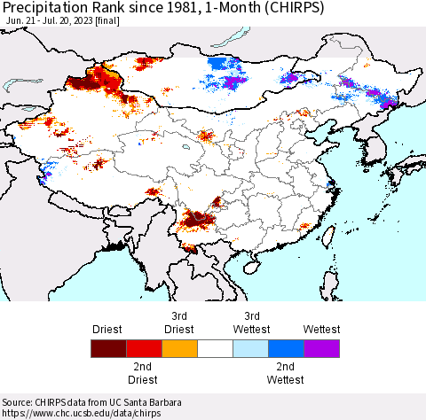 China, Mongolia and Taiwan Precipitation Rank since 1981, 1-Month (CHIRPS) Thematic Map For 6/21/2023 - 7/20/2023