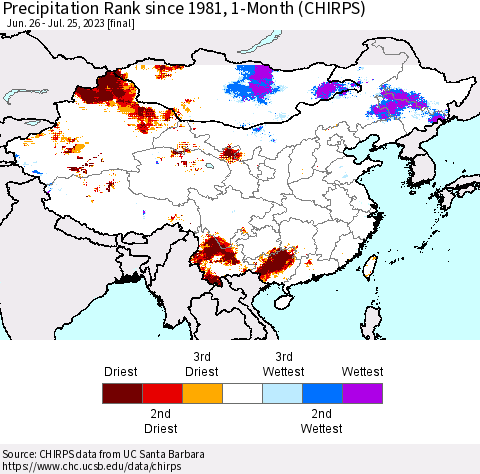 China, Mongolia and Taiwan Precipitation Rank since 1981, 1-Month (CHIRPS) Thematic Map For 6/26/2023 - 7/25/2023
