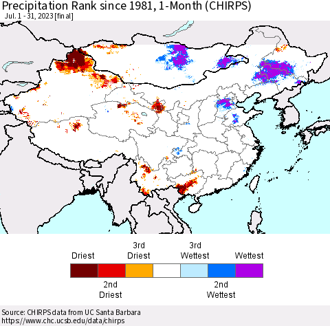 China, Mongolia and Taiwan Precipitation Rank since 1981, 1-Month (CHIRPS) Thematic Map For 7/1/2023 - 7/31/2023