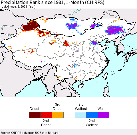 China, Mongolia and Taiwan Precipitation Rank since 1981, 1-Month (CHIRPS) Thematic Map For 7/6/2023 - 8/5/2023