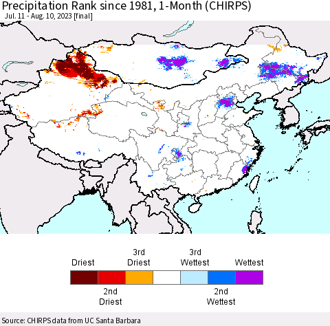 China, Mongolia and Taiwan Precipitation Rank since 1981, 1-Month (CHIRPS) Thematic Map For 7/11/2023 - 8/10/2023