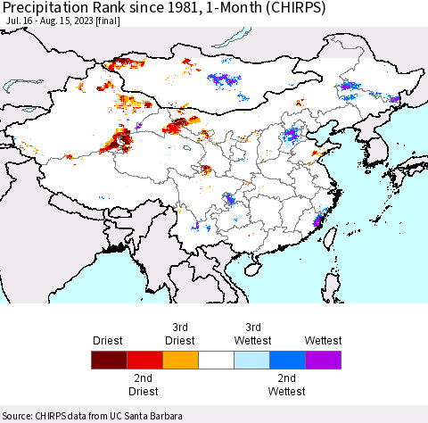 China, Mongolia and Taiwan Precipitation Rank since 1981, 1-Month (CHIRPS) Thematic Map For 7/16/2023 - 8/15/2023