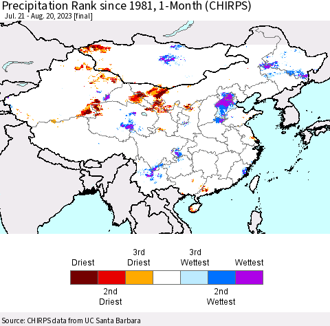 China, Mongolia and Taiwan Precipitation Rank since 1981, 1-Month (CHIRPS) Thematic Map For 7/21/2023 - 8/20/2023