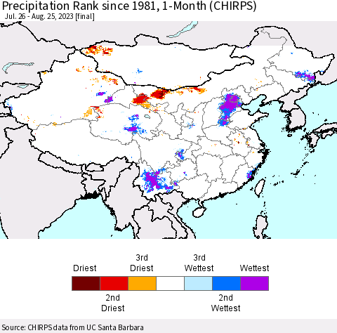 China, Mongolia and Taiwan Precipitation Rank since 1981, 1-Month (CHIRPS) Thematic Map For 7/26/2023 - 8/25/2023