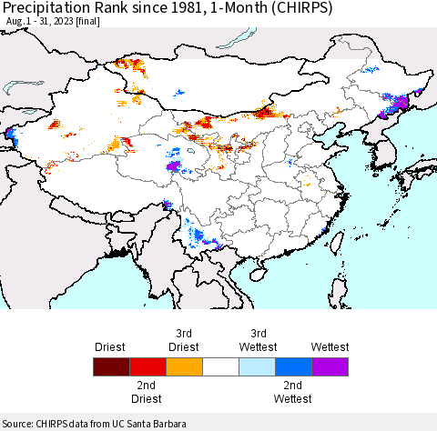 China, Mongolia and Taiwan Precipitation Rank since 1981, 1-Month (CHIRPS) Thematic Map For 8/1/2023 - 8/31/2023