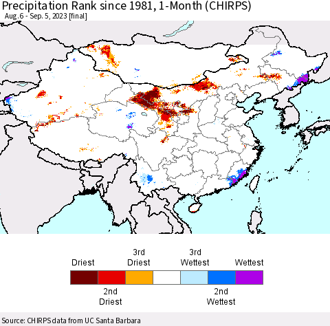 China, Mongolia and Taiwan Precipitation Rank since 1981, 1-Month (CHIRPS) Thematic Map For 8/6/2023 - 9/5/2023