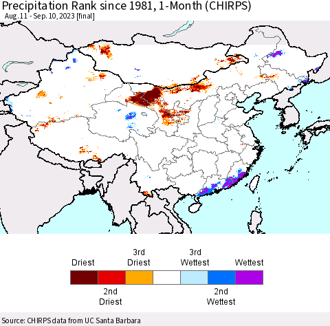 China, Mongolia and Taiwan Precipitation Rank since 1981, 1-Month (CHIRPS) Thematic Map For 8/11/2023 - 9/10/2023