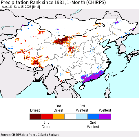 China, Mongolia and Taiwan Precipitation Rank since 1981, 1-Month (CHIRPS) Thematic Map For 8/16/2023 - 9/15/2023