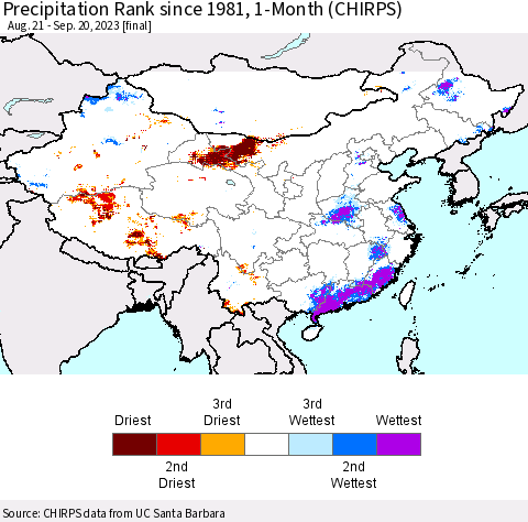 China, Mongolia and Taiwan Precipitation Rank since 1981, 1-Month (CHIRPS) Thematic Map For 8/21/2023 - 9/20/2023
