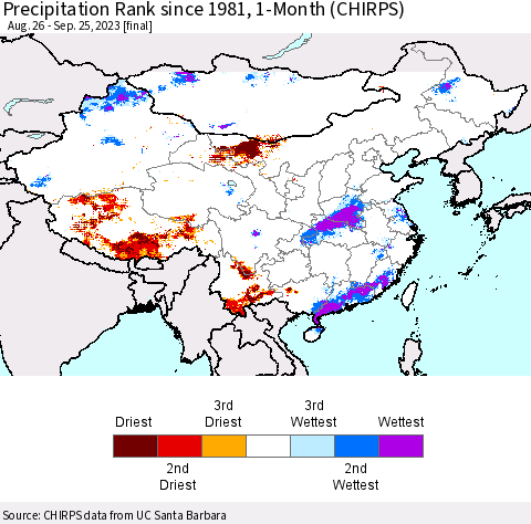 China, Mongolia and Taiwan Precipitation Rank since 1981, 1-Month (CHIRPS) Thematic Map For 8/26/2023 - 9/25/2023