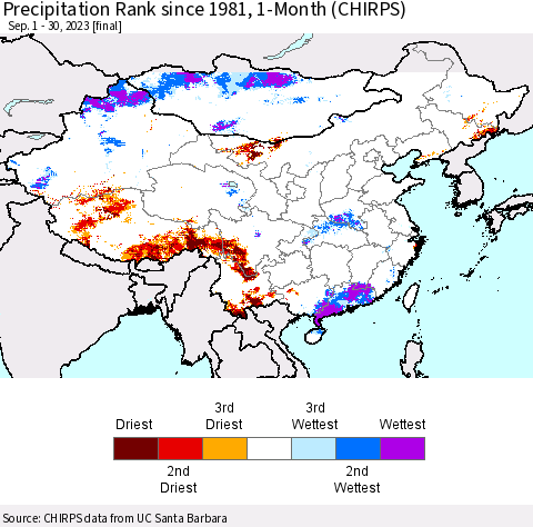 China, Mongolia and Taiwan Precipitation Rank since 1981, 1-Month (CHIRPS) Thematic Map For 9/1/2023 - 9/30/2023