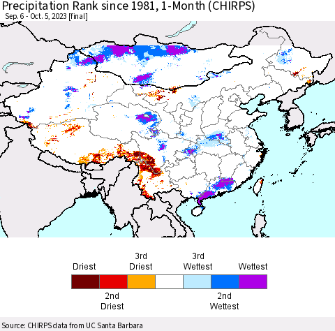 China, Mongolia and Taiwan Precipitation Rank since 1981, 1-Month (CHIRPS) Thematic Map For 9/6/2023 - 10/5/2023