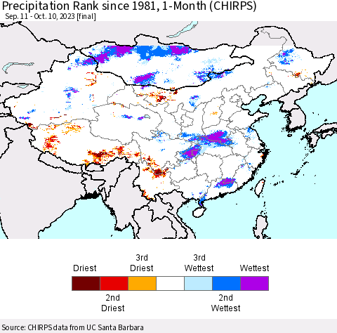 China, Mongolia and Taiwan Precipitation Rank since 1981, 1-Month (CHIRPS) Thematic Map For 9/11/2023 - 10/10/2023