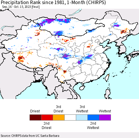 China, Mongolia and Taiwan Precipitation Rank since 1981, 1-Month (CHIRPS) Thematic Map For 9/16/2023 - 10/15/2023