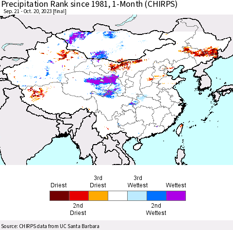 China, Mongolia and Taiwan Precipitation Rank since 1981, 1-Month (CHIRPS) Thematic Map For 9/21/2023 - 10/20/2023