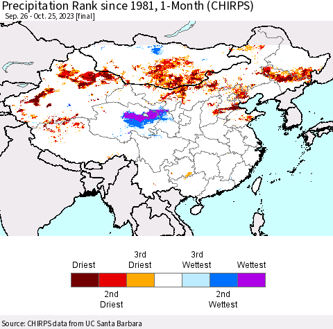 China, Mongolia and Taiwan Precipitation Rank since 1981, 1-Month (CHIRPS) Thematic Map For 9/26/2023 - 10/25/2023