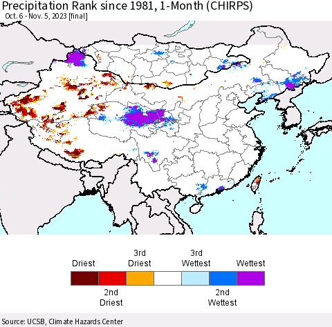 China, Mongolia and Taiwan Precipitation Rank since 1981, 1-Month (CHIRPS) Thematic Map For 10/6/2023 - 11/5/2023