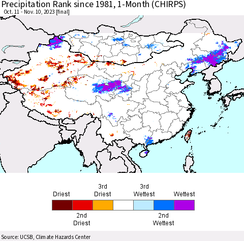China, Mongolia and Taiwan Precipitation Rank since 1981, 1-Month (CHIRPS) Thematic Map For 10/11/2023 - 11/10/2023