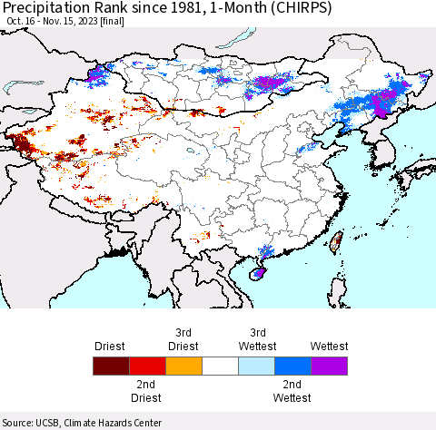 China, Mongolia and Taiwan Precipitation Rank since 1981, 1-Month (CHIRPS) Thematic Map For 10/16/2023 - 11/15/2023